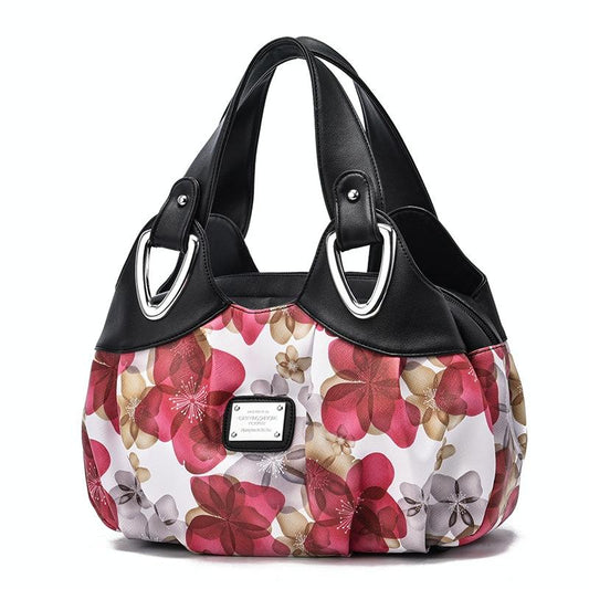 Soft Leather Women Handbag - Black Handle Red Flower