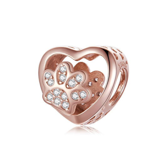 925 Sterling Silver Pet Paw Print Beaded Bracelet - Rose Gold