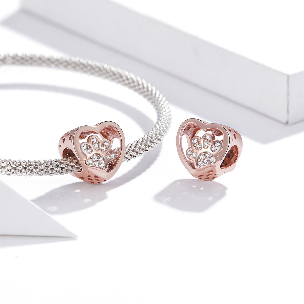 925 Sterling Silver Pet Paw Print Beaded Bracelet - Rose Gold