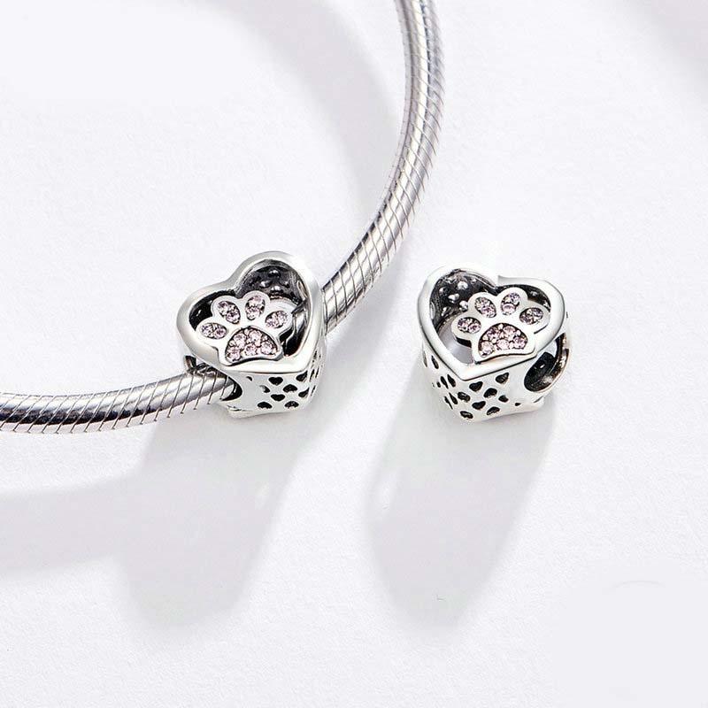 925 Sterling Silver Pet Paw Print Beaded Bracelet - Rose Gold