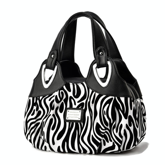 Soft Leather Women Handbag - Black Handle Zebra