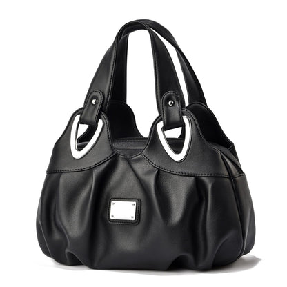Soft Leather Women Handbag - Black Handle Circle Pattern