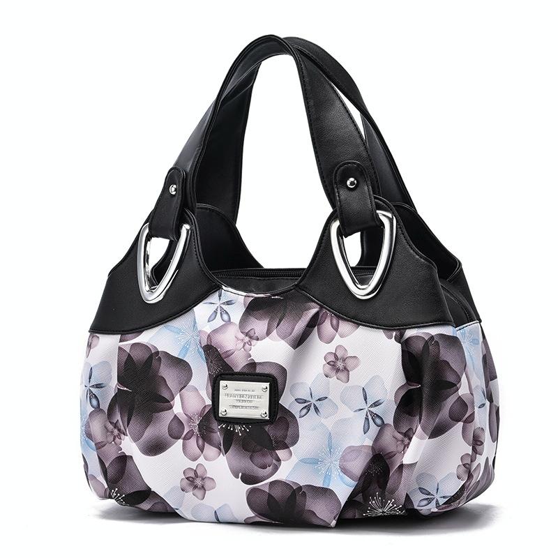 Soft Leather Women Handbag - Black Handle Circle Pattern