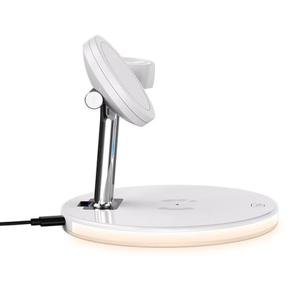 15W 3 In 1 Magnetic Wireless Charger For Phones Watches And Airpods With Led Light - White