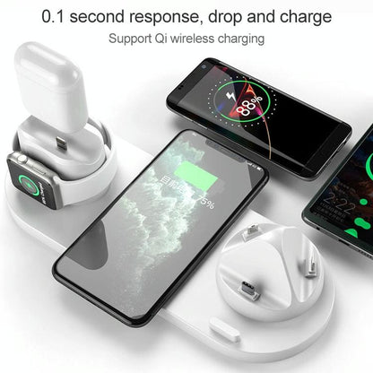6 In 1 10W Wireless Charger Stand Qi Standard - White