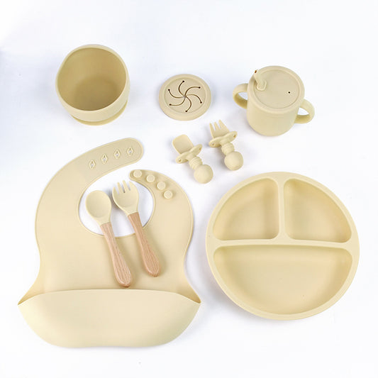 Beige 8-Piece Silicone Children's Tableware Set - BPA-Free Baby Feeding Utensils with Wooden Fork and Spoon, Cup, Bowl, and Bibs - The Grand Bazaar of Australia