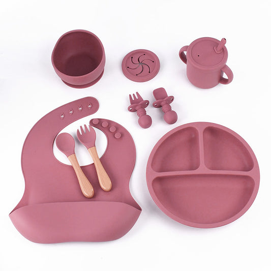 Rose Red 8-Piece Silicone Children's Tableware Set - BPA-Free Baby Feeding Utensils with Wooden Fork and Spoon, Cup, Bowl, and Bibs - The Grand Bazaar of Australia