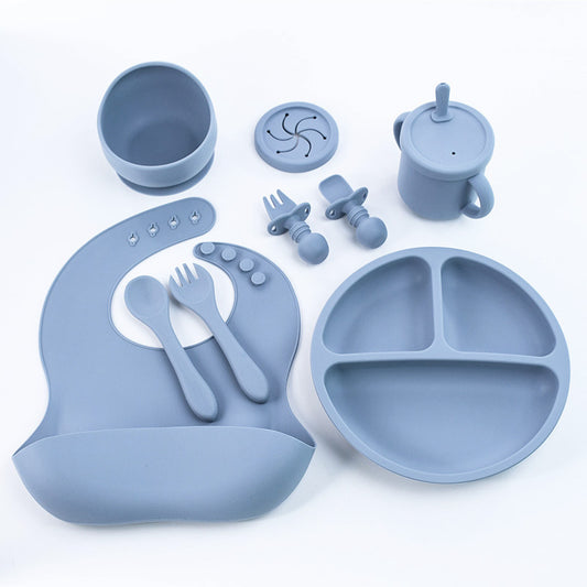 Blue 8-Piece Silicone Children's Tableware Set - BPA-Free Baby Feeding Utensils with Fork, Spoon, Cup, Bowl, and Bibs - The Grand Bazaar of Australia