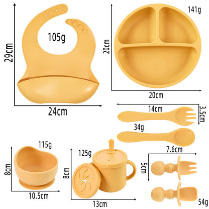 Blue 8-Piece Silicone Children's Tableware Set - BPA-Free Baby Feeding Utensils with Fork, Spoon, Cup, Bowl, and Bibs - The Grand Bazaar of Australia