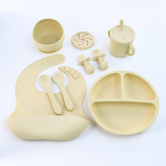 Beige 8-Piece Silicone Children's Tableware Set - BPA-Free Baby Feeding Utensils with Fork, Spoon, Cup, Bowl, and Bibs - The Grand Bazaar of Australia