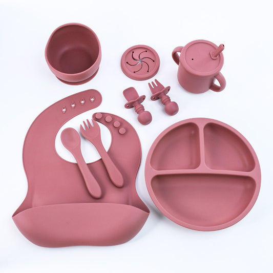 Rose Red 8-Piece Silicone Children's Tableware Set - BPA-Free Baby Feeding Utensils with Fork, Spoon, Cup, Bowl, and Bibs - The Grand Bazaar of Australia