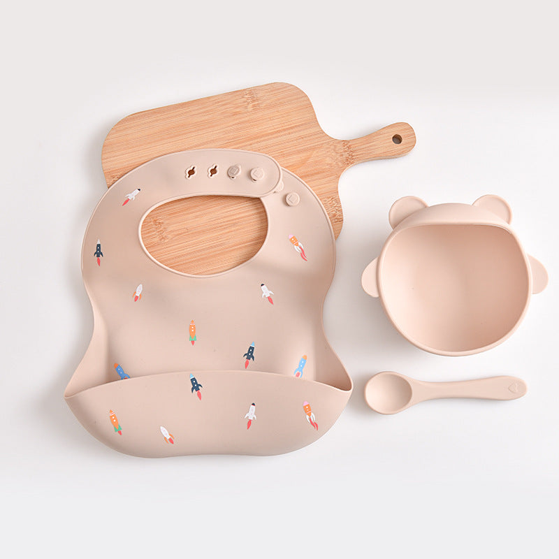 Rocket Pattern Beige Soft and Safe Silicone Baby Feeding Set - Bib, Bowl, and Spoon Combo for Mess-Free Meals - The Grand Bazaar of Australia