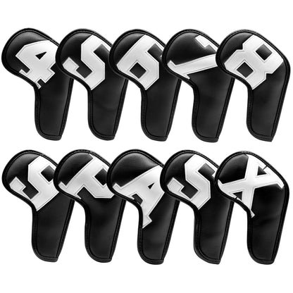 Black covers with white numbers, Premium PU Leather Golf Iron Headcover Set (10pcs) | Numbered 4-9, P, S, A, X | Protective Club Covers for Irons