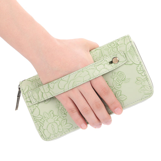 Women's Large Capacity Double Zip Wallet Clutch | PU Leather Floral Embossed Wristlet | Phone Holder with 24 Card Slots - Black