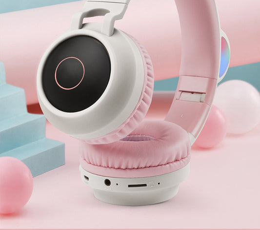 Adorable Cat Ear Wireless Headphones - Bluetooth 5.0, Foldable Design, Glowing RGB LED Lights - Cute Dark Blue Headset