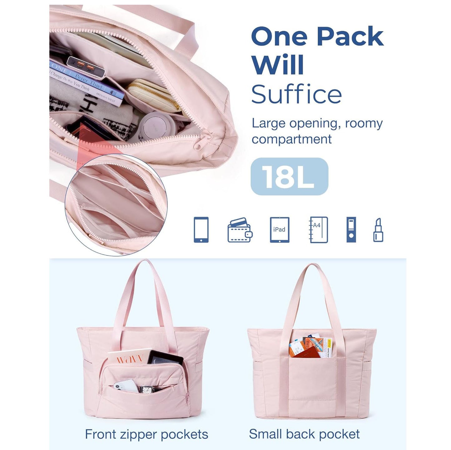 Beige Versatile Women's Gym Tote Bag with Yoga Mat Strap - 18L Carryall, Fits 15.6 Laptop, Multi-Pocket Organizer