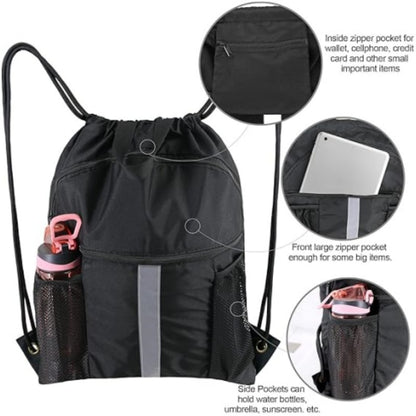 Blue Multi-Pocket Drawstring Backpack Gym Bag with Zipper Compartments, Bottle Holders & Reflective Strip