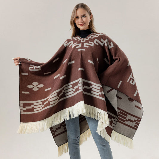 Black Women's Versatile Faux Cashmere Poncho Cape Shawl with Geometric Pattern & Fringe Trim - One Size