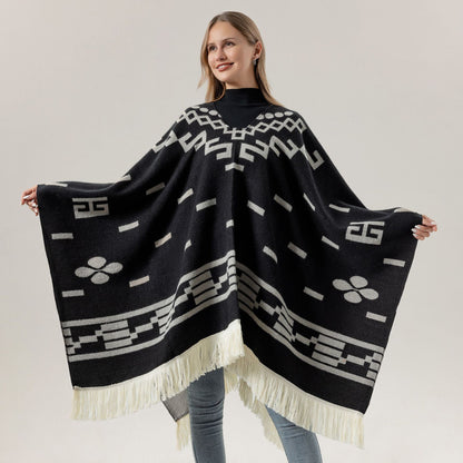 Green Women's Versatile Faux Cashmere Poncho Cape Shawl with Geometric Pattern & Fringe Trim - One Size