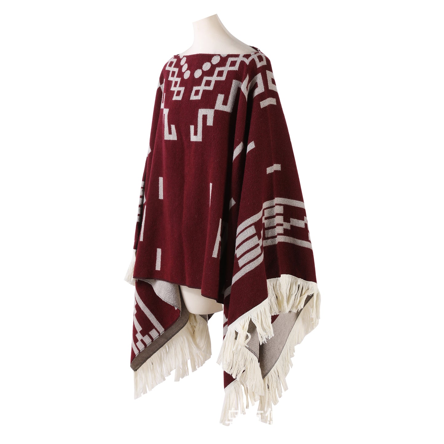 Wine red Women's Versatile Faux Cashmere Poncho Cape Shawl with Geometric Pattern & Fringe Trim - One Size