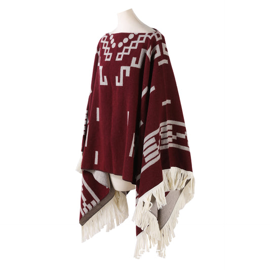 Wine red Women's Versatile Faux Cashmere Poncho Cape Shawl with Geometric Pattern & Fringe Trim - One Size