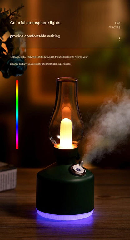 Green Retro Kerosene Lamp Humidifier - Rechargeable Cool Mist Maker with Dimmable Light