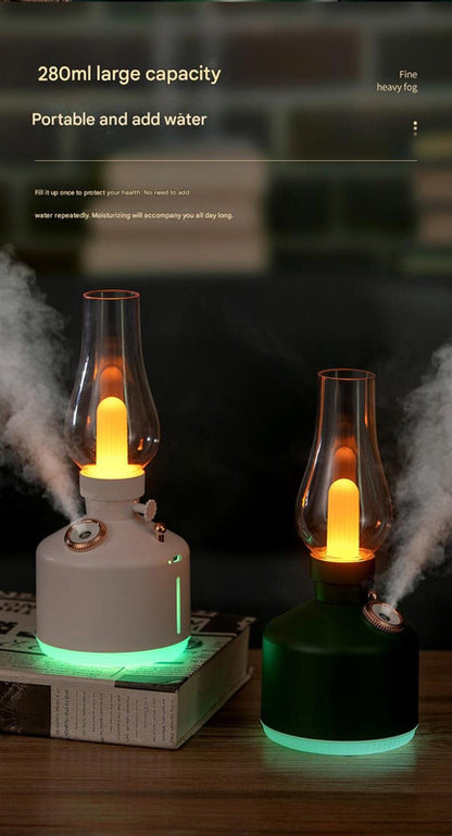 Green Retro Kerosene Lamp Humidifier - Rechargeable Cool Mist Maker with Dimmable Light