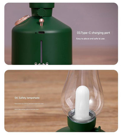 Green Retro Kerosene Lamp Humidifier - Rechargeable Cool Mist Maker with Dimmable Light