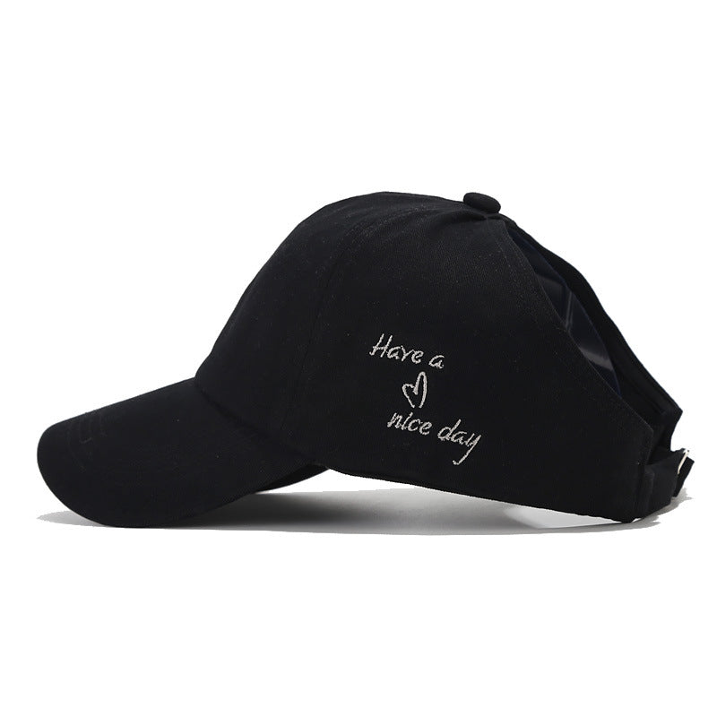 Black Stylish Ponytail Opening Baseball Cap - Have a Nice Day" Embroidery"