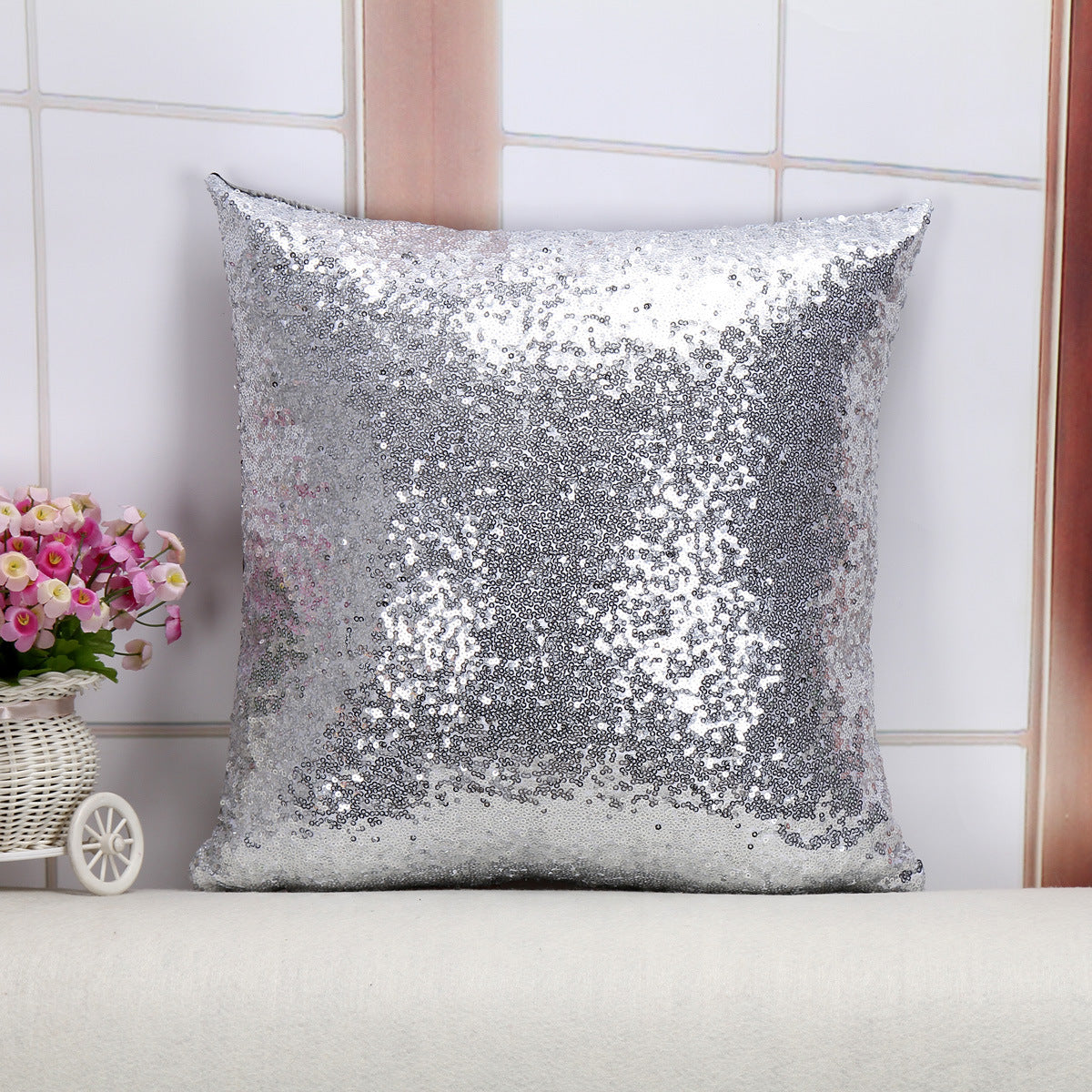 Shiny Sequin Pillowcase - Single-sided gorgeous pillowcase  (Silver pair: 45x45cm)