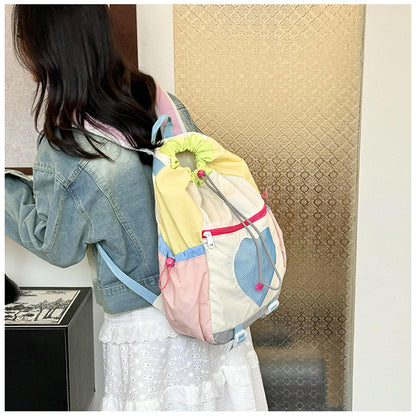 Yellow Colorblock Drawstring Backpack - Lightweight Nylon Bag with Heart Mesh Pocket