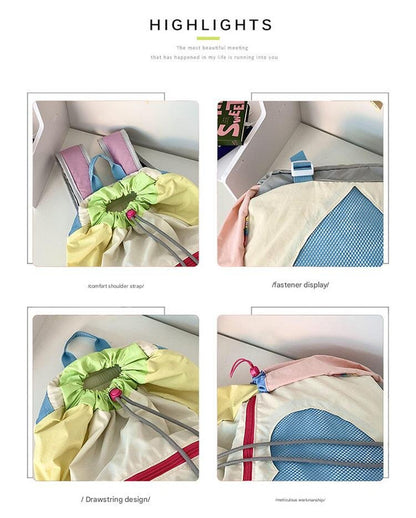 Yellow Colorblock Drawstring Backpack - Lightweight Nylon Bag with Heart Mesh Pocket