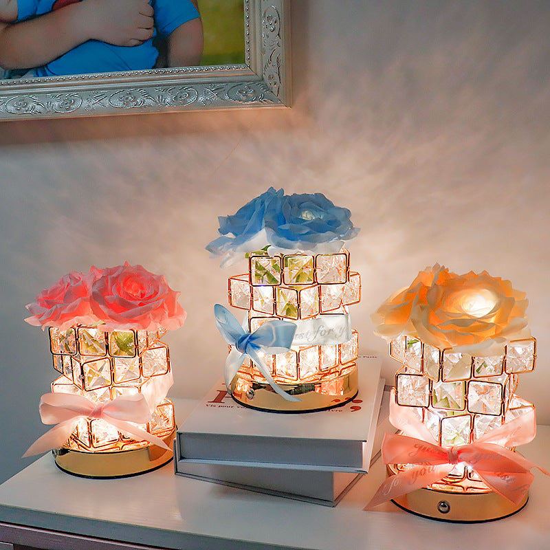 Pink Rose LED Crystal Flower Table Lamp - USB Rechargeable Touch Control Night Light