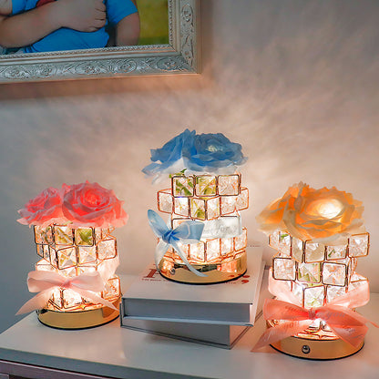 Pink Rose LED Crystal Flower Table Lamp - USB Rechargeable Touch Control Night Light