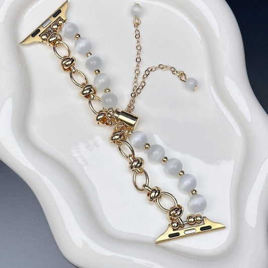 2-pcs Gold chain with white beads Elegant Cat's Eye Beaded Bracelet Band for Apple Watch - Women's Luxury Strap (Compatible Size :38/40/41MM )