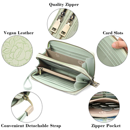Green Floral Embossed Large Capacity Women's Wallet - Double Zipper PU Leather Clutch with Detachable Wrist Strap
