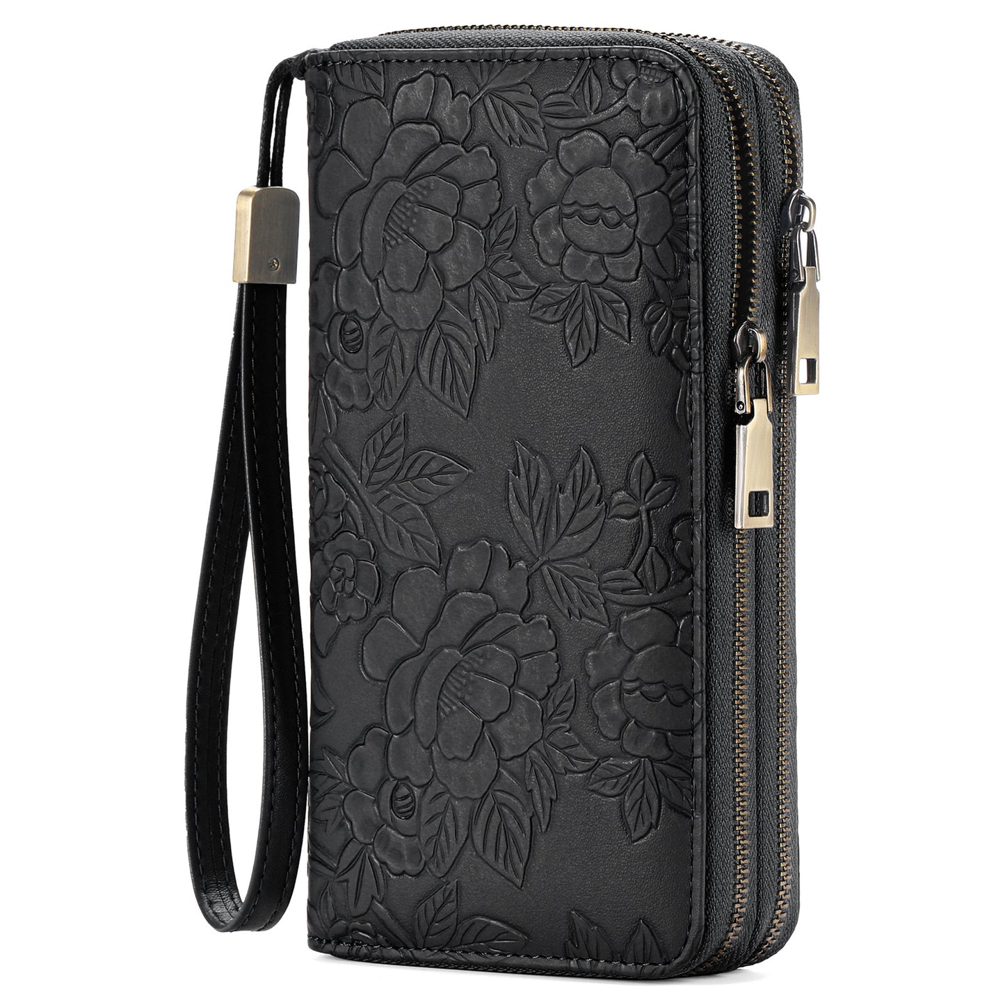 Black Floral Embossed Large Capacity Women's Wallet - Double Zipper PU Leather Clutch with Detachable Wrist Strap