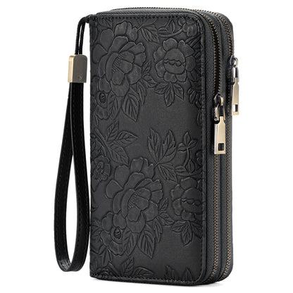 Black Floral Embossed Large Capacity Women's Wallet - Double Zipper PU Leather Clutch with Detachable Wrist Strap