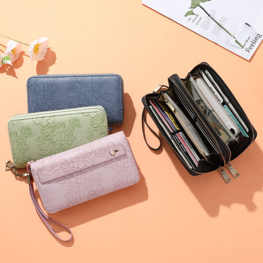 Black Floral Embossed Large Capacity Women's Wallet - Double Zipper PU Leather Clutch with Detachable Wrist Strap