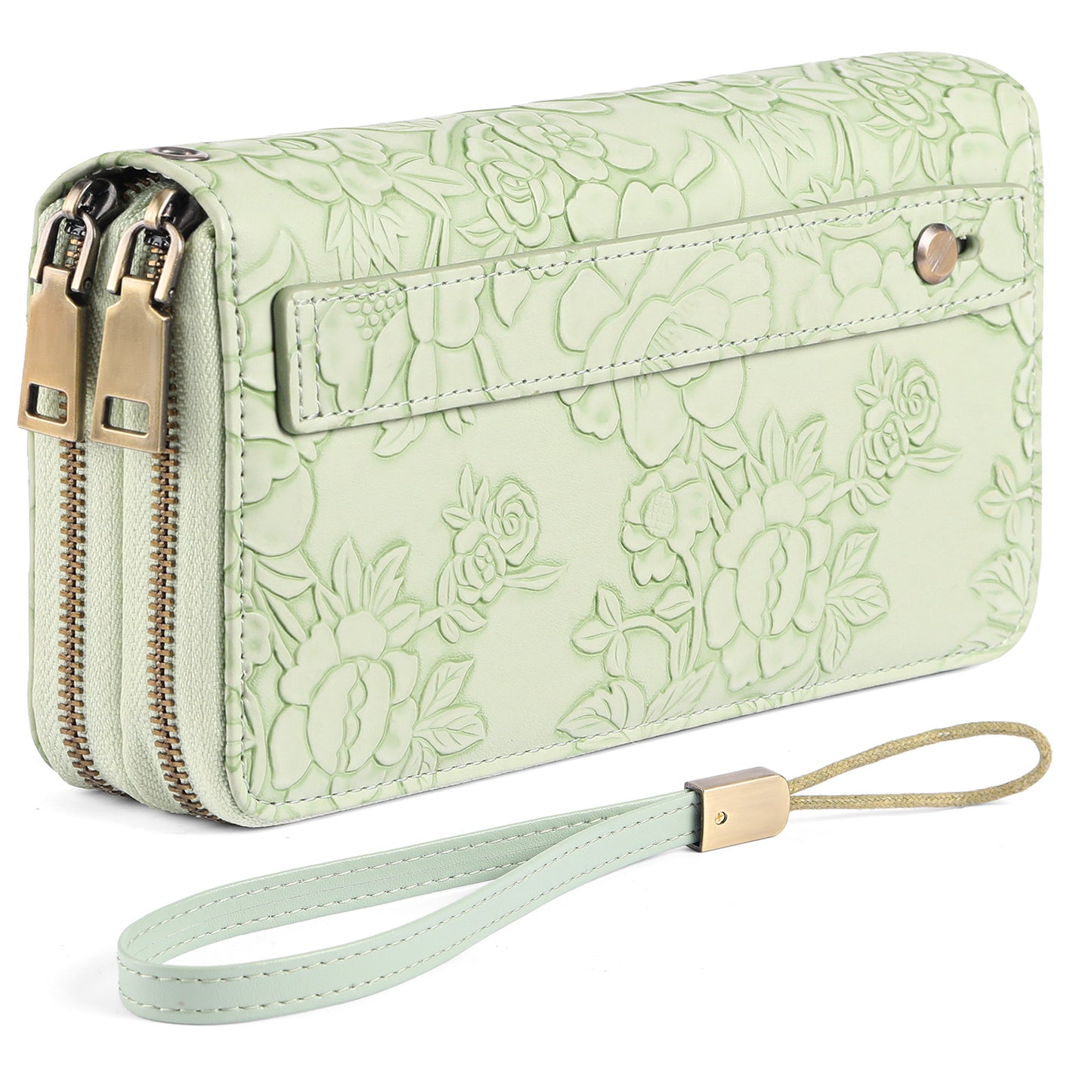 Black Floral Embossed Large Capacity Women's Wallet - Double Zipper PU Leather Clutch with Detachable Wrist Strap