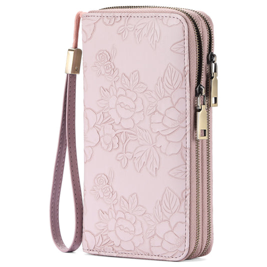 Pink Floral Embossed Large Capacity Women's Wallet - Double Zipper PU Leather Clutch with Detachable Wrist Strap