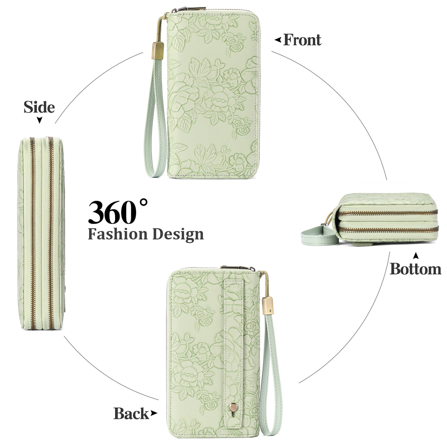 Blue Floral Embossed Large Capacity Women's Wallet - Double Zipper PU Leather Clutch with Detachable Wrist Strap