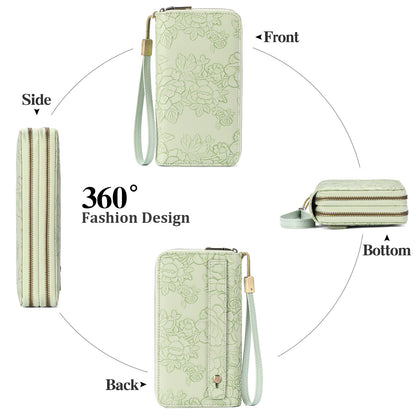 Blue Floral Embossed Large Capacity Women's Wallet - Double Zipper PU Leather Clutch with Detachable Wrist Strap