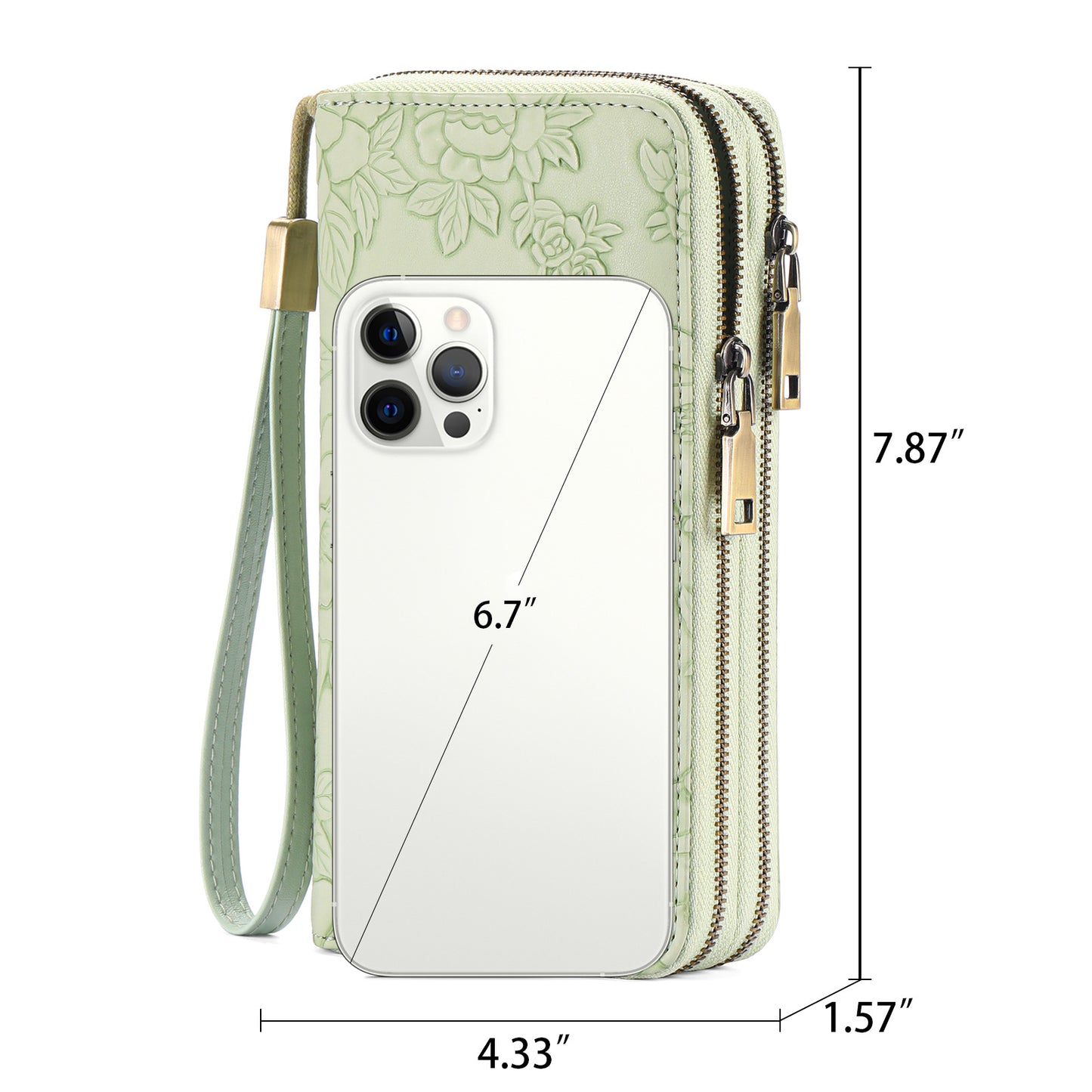 Blue Floral Embossed Large Capacity Women's Wallet - Double Zipper PU Leather Clutch with Detachable Wrist Strap