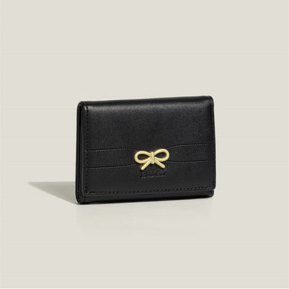 Black Compact Women's Bow-Accent Wallet - Fresh Minimalist PU Leather Foldable Card Holder with Multiple Slots