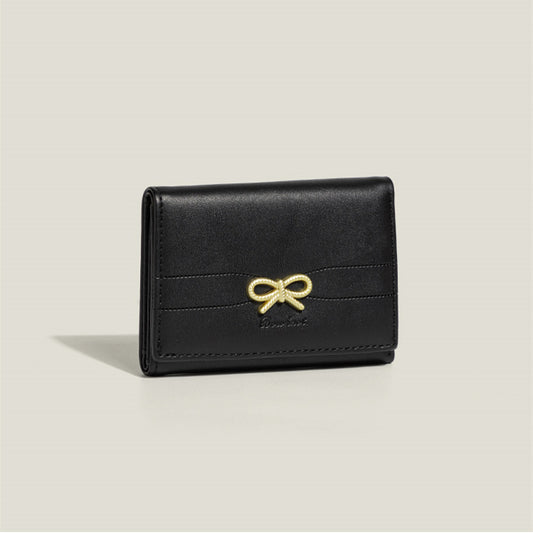 Black Compact Women's Bow-Accent Wallet - Fresh Minimalist PU Leather Foldable Card Holder with Multiple Slots