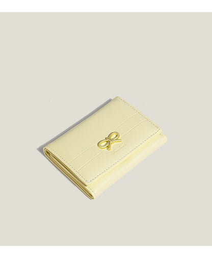 Blue Compact Women's Bow-Accent Wallet - Fresh Minimalist PU Leather Foldable Card Holder with Multiple Slots