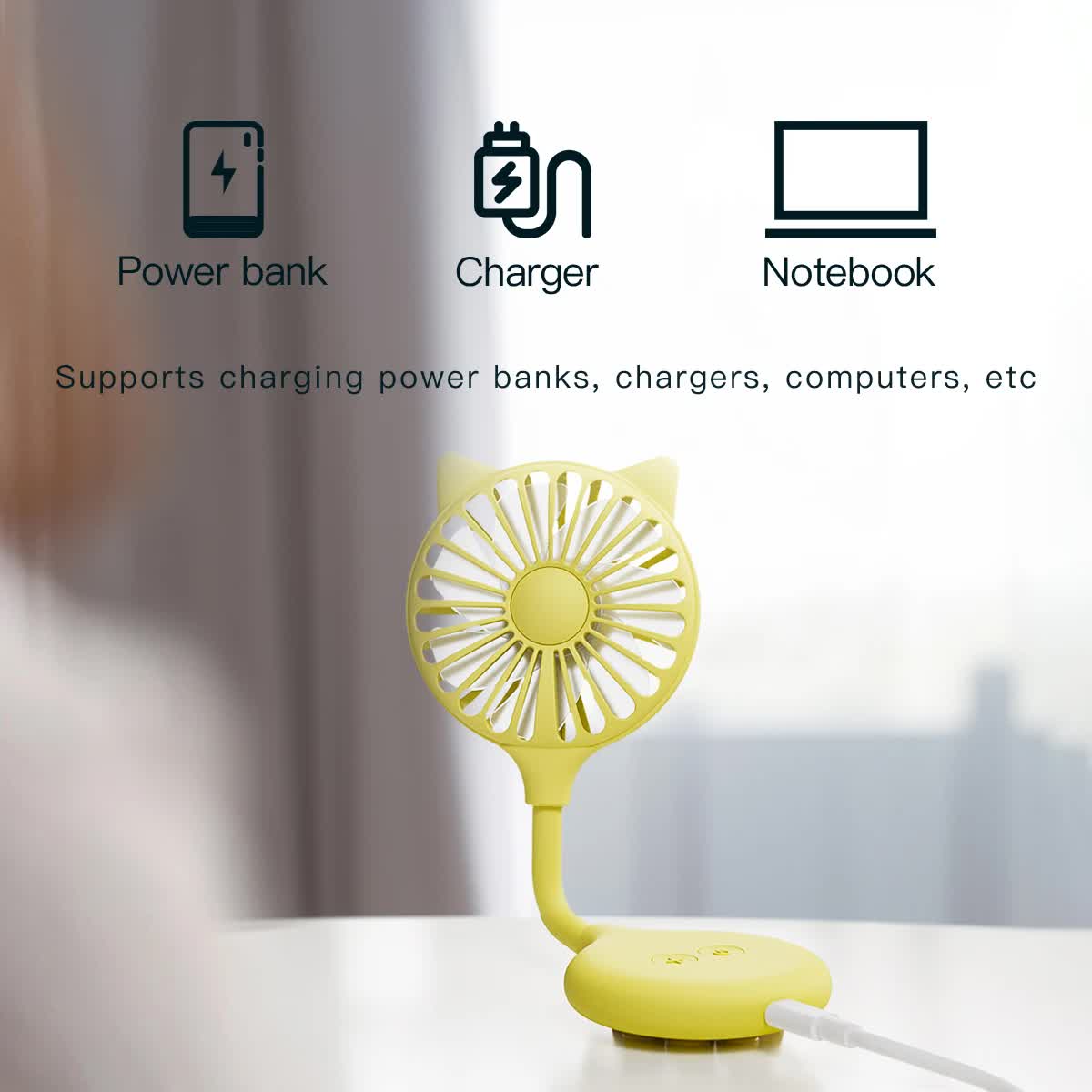 2 Pcs Yellow Portable USB Mini Fan with Suction Cup - 360-Degree Adjustable Foldable Desktop Fan with 3 Speed Settings