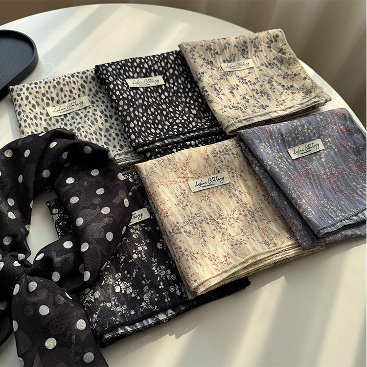 Style 2 Black Versatile Patterned Square Scarf | 65x65cm Lightweight Polyester Neckerchief Headband | Vintage Polka Dot & Floral