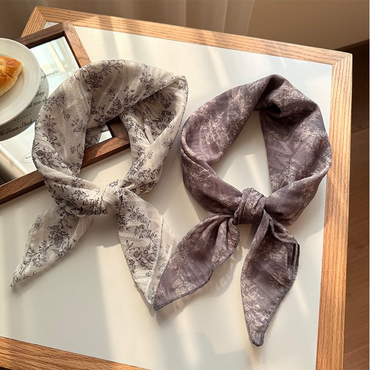 Style 3 Khaki Versatile Patterned Square Scarf | 65x65cm Lightweight Polyester Neckerchief Headband | Vintage Polka Dot & Floral